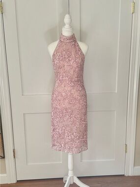 Sleeveless Pink Lace Halter Midi Dress